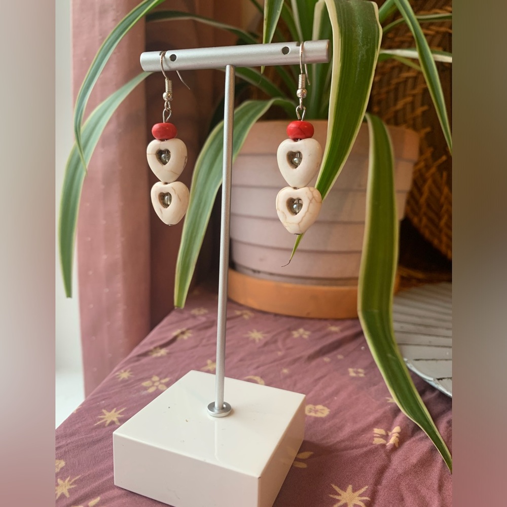 Handmade 🤍 White Heart with glass beads earrings